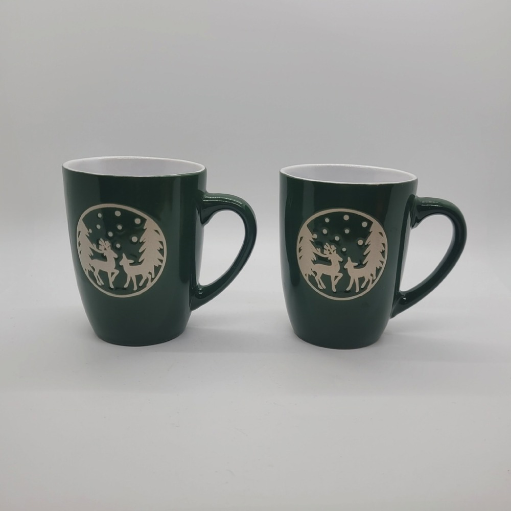 California Pantry Reindeer Christmas Coffee Mug Set of 2 Green Winter Forest